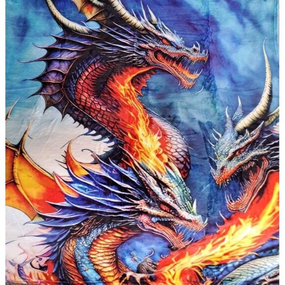 New Three Headed Dragon Plush Throw Blanket Mystical Gift Chinese Dragons SOFT - Picture 1 of 6